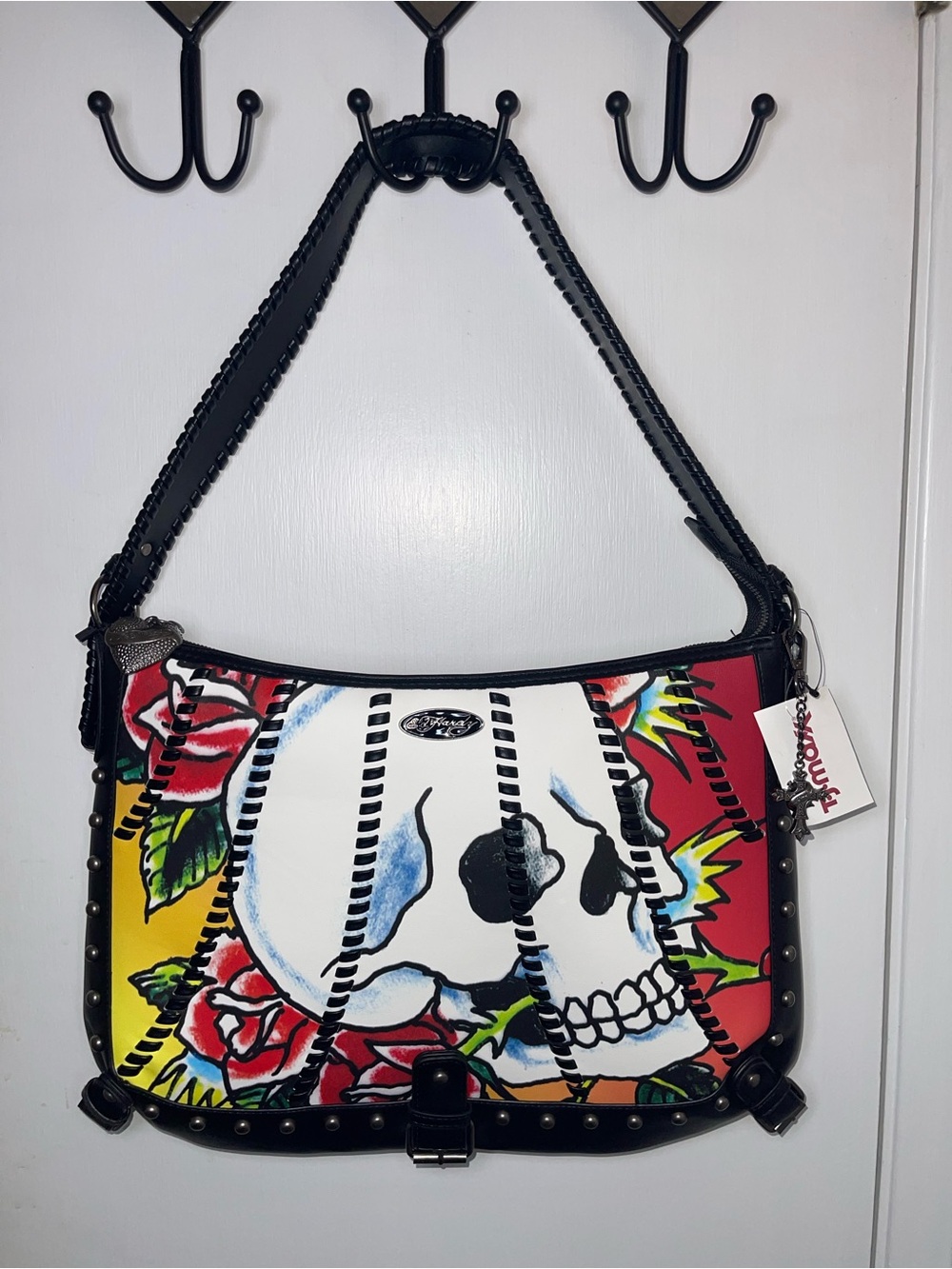 NWT Ed Hardy Skull & Roses Shoulder Bag - Black, Red, Yellow